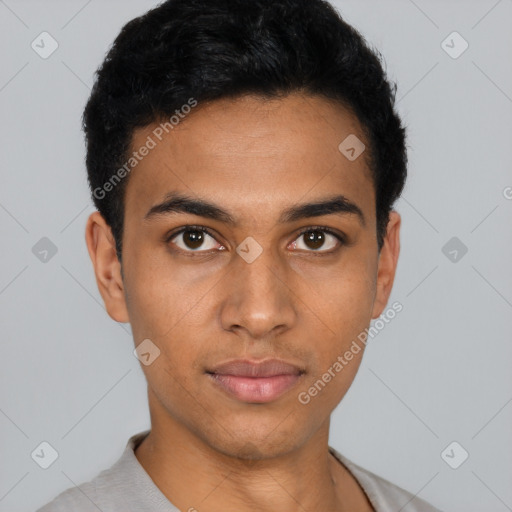 Neutral latino young-adult male with short  black hair and brown eyes