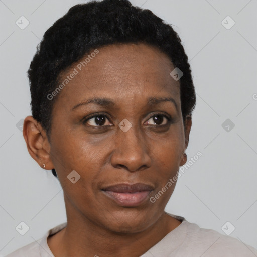 Neutral black young-adult female with short  black hair and brown eyes