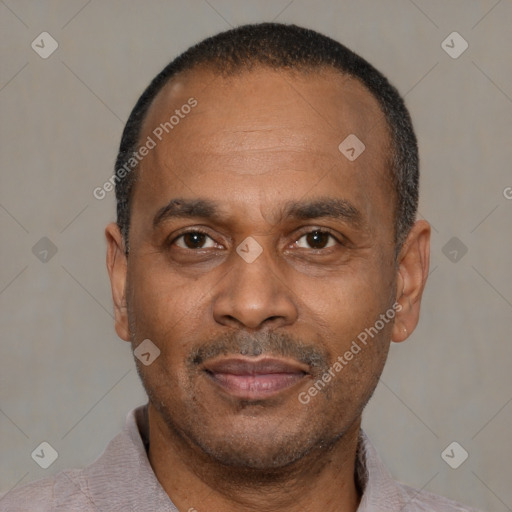 Neutral latino adult male with short  black hair and brown eyes