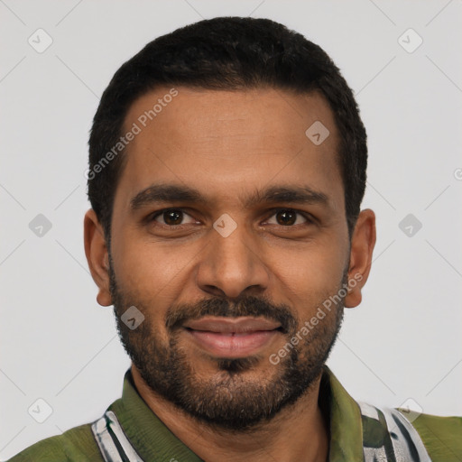 Joyful black young-adult male with short  black hair and brown eyes