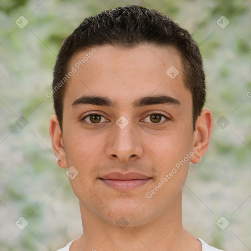 Joyful white young-adult male with short  brown hair and brown eyes