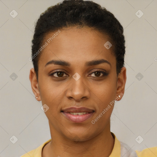 Joyful latino young-adult female with short  black hair and brown eyes