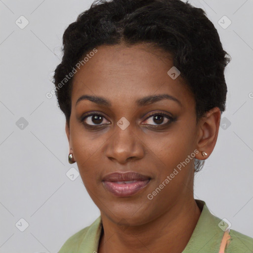 Neutral black young-adult female with short  black hair and brown eyes