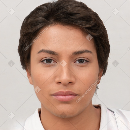 Neutral white young-adult female with short  brown hair and brown eyes