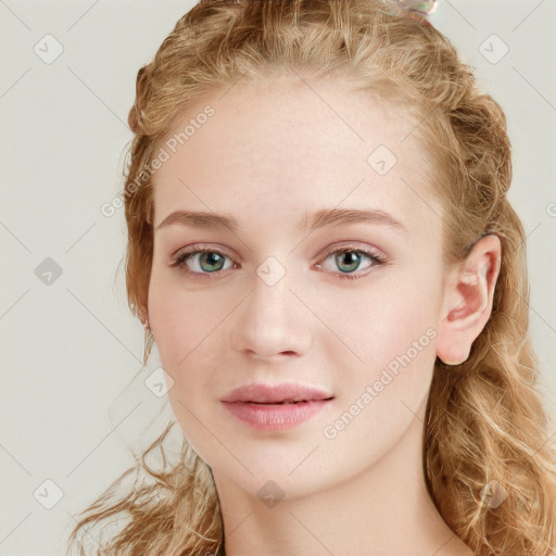 Joyful white young-adult female with long  brown hair and blue eyes