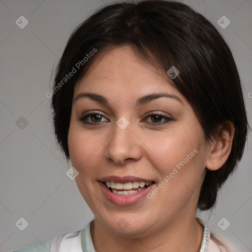 Joyful white young-adult female with medium  brown hair and brown eyes