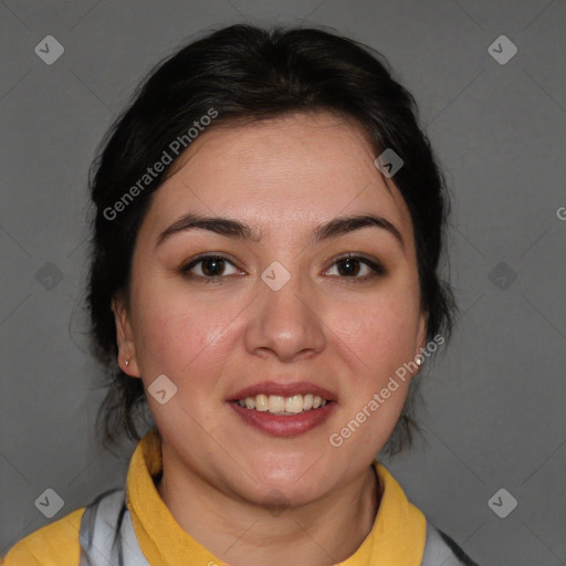 Joyful white young-adult female with medium  brown hair and brown eyes