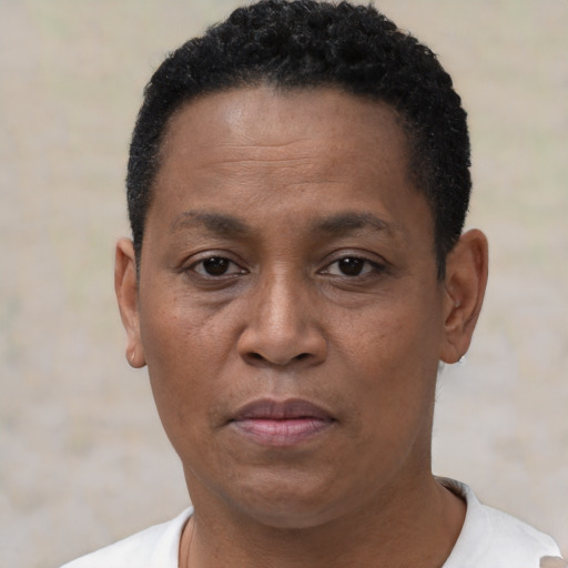 Neutral black adult female with short  black hair and brown eyes