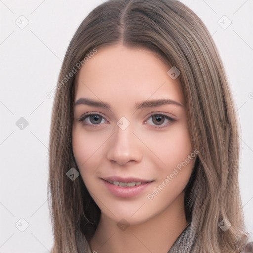 Neutral white young-adult female with long  brown hair and brown eyes