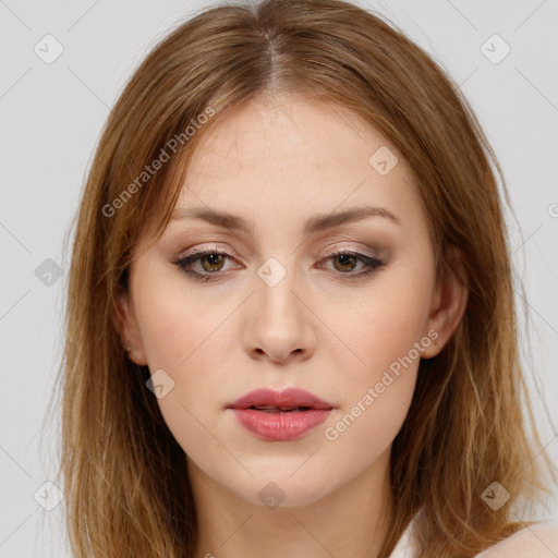 Neutral white young-adult female with medium  brown hair and brown eyes