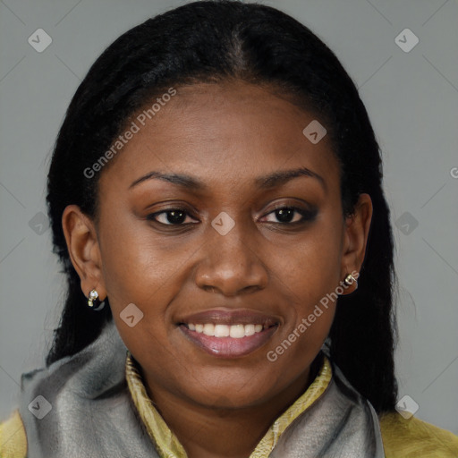 Joyful black young-adult female with medium  brown hair and brown eyes