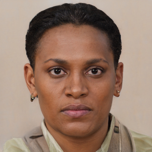 Neutral black young-adult female with short  black hair and brown eyes