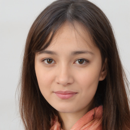 Neutral asian young-adult female with long  brown hair and brown eyes