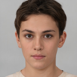 Neutral white young-adult female with short  brown hair and brown eyes