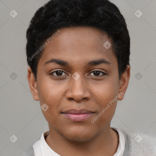 Joyful latino young-adult female with short  black hair and brown eyes