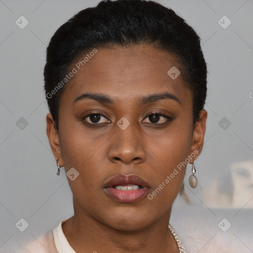 Neutral black young-adult female with short  brown hair and brown eyes