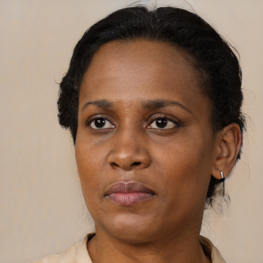 Neutral black young-adult female with medium  brown hair and brown eyes