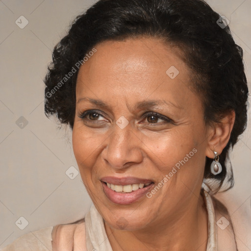 Joyful black adult female with medium  brown hair and brown eyes