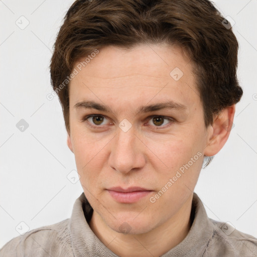 Joyful white adult male with short  brown hair and grey eyes