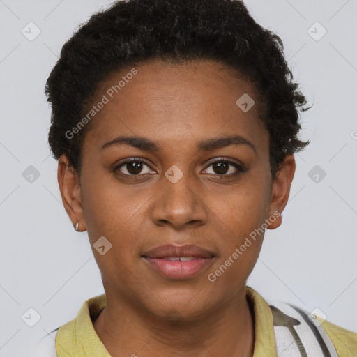 Joyful black young-adult female with short  brown hair and brown eyes