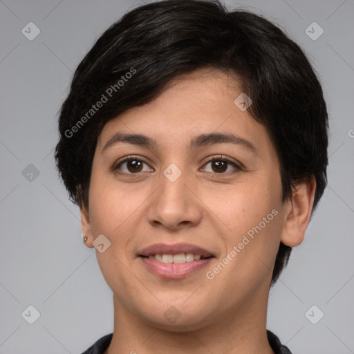 Joyful white young-adult female with short  brown hair and brown eyes