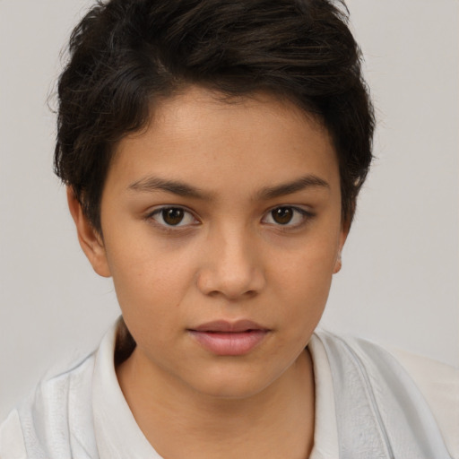 Neutral white young-adult female with short  brown hair and brown eyes