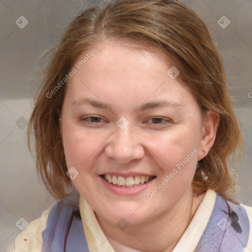 Joyful white young-adult female with medium  brown hair and blue eyes