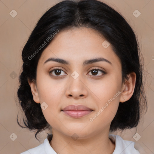 Joyful latino young-adult female with medium  black hair and brown eyes