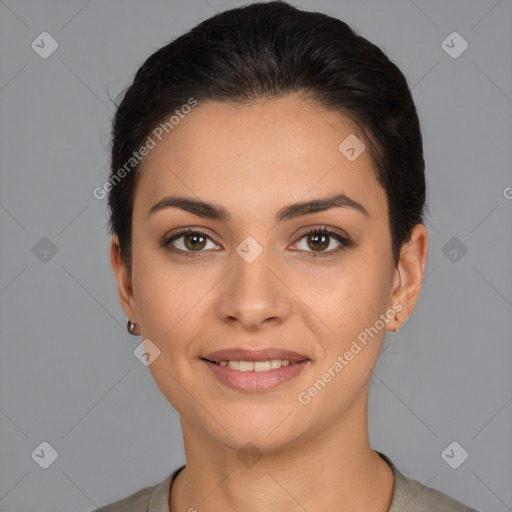 Joyful white young-adult female with short  brown hair and brown eyes