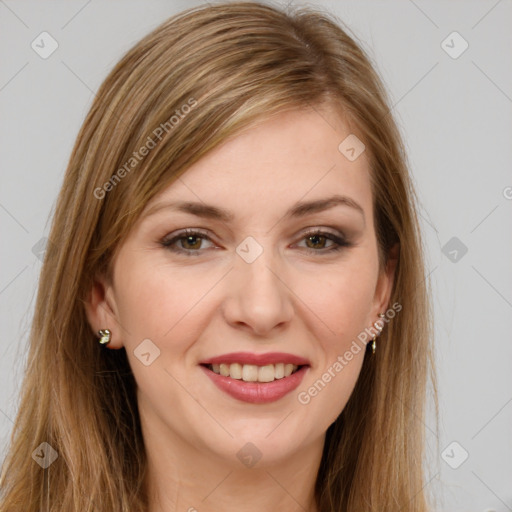 Joyful white young-adult female with long  brown hair and brown eyes