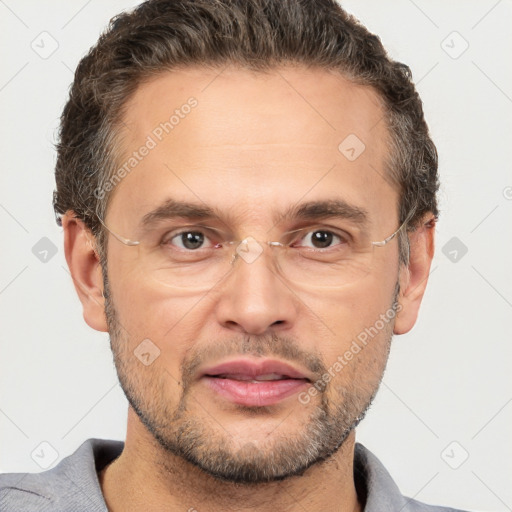 Neutral white adult male with short  brown hair and brown eyes