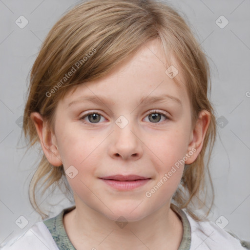 Joyful white child female with medium  brown hair and blue eyes