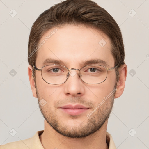 Neutral white young-adult male with short  brown hair and grey eyes