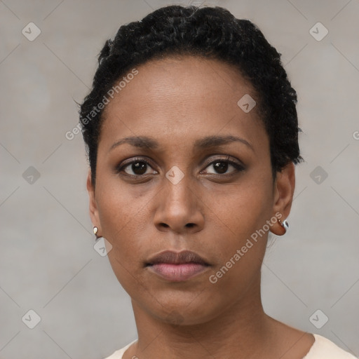 Neutral black young-adult female with short  black hair and brown eyes