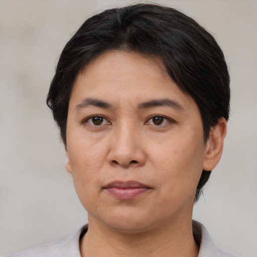 Joyful asian adult female with short  black hair and brown eyes