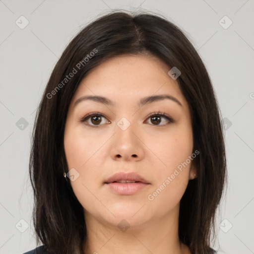 Neutral asian young-adult female with medium  brown hair and brown eyes