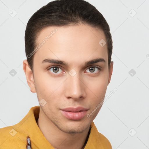 Neutral white young-adult male with short  brown hair and brown eyes