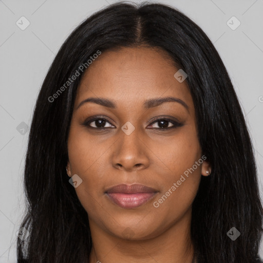 Joyful asian young-adult female with long  black hair and brown eyes