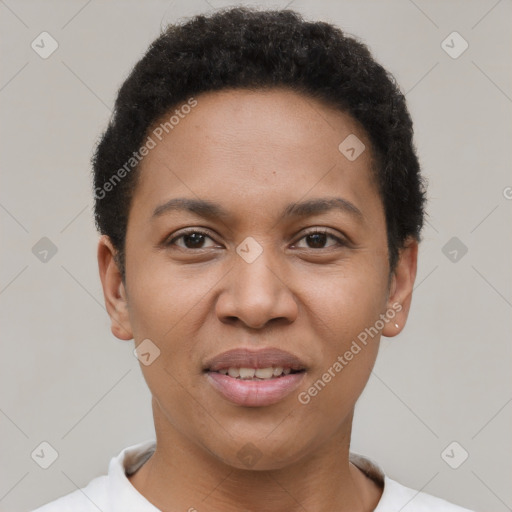 Joyful latino young-adult female with short  brown hair and brown eyes