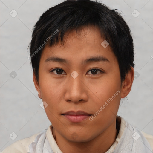 Neutral asian young-adult male with short  brown hair and brown eyes