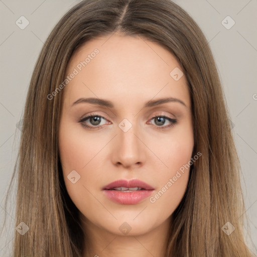 Neutral white young-adult female with long  brown hair and brown eyes