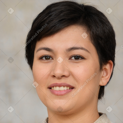 Joyful white young-adult female with medium  brown hair and brown eyes