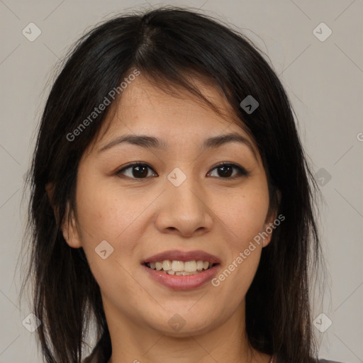 Joyful asian young-adult female with medium  brown hair and brown eyes