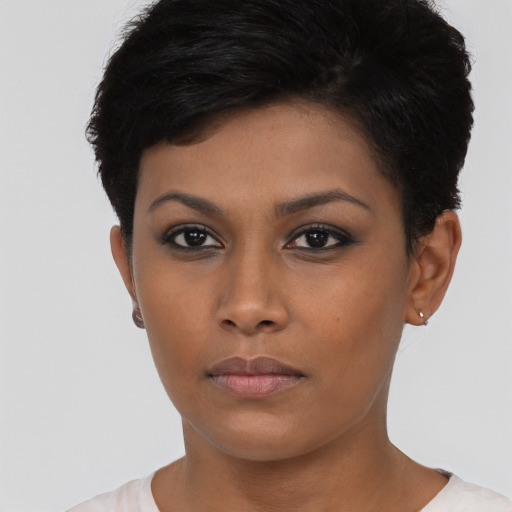 Neutral asian young-adult female with short  black hair and brown eyes