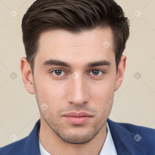 Neutral white young-adult male with short  brown hair and brown eyes