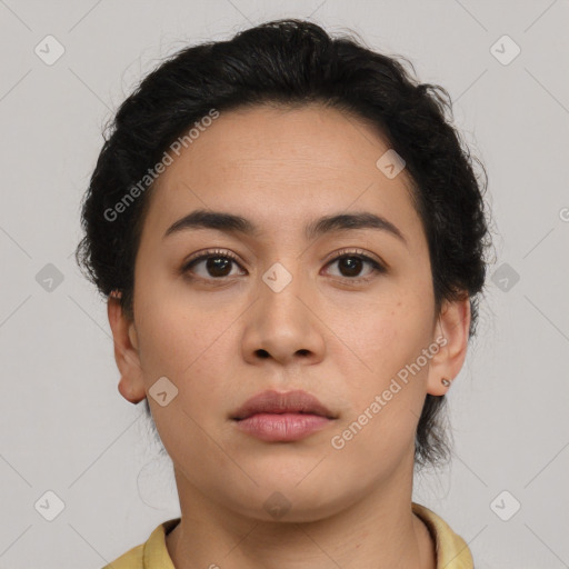 Neutral asian young-adult female with short  brown hair and brown eyes