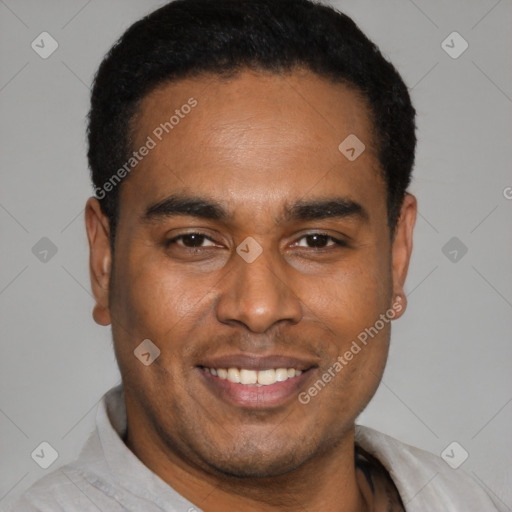 Joyful latino young-adult male with short  black hair and brown eyes