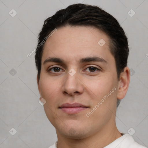 Neutral white young-adult male with short  brown hair and brown eyes