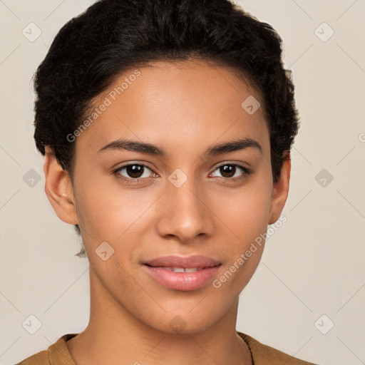 Joyful latino young-adult female with short  brown hair and brown eyes