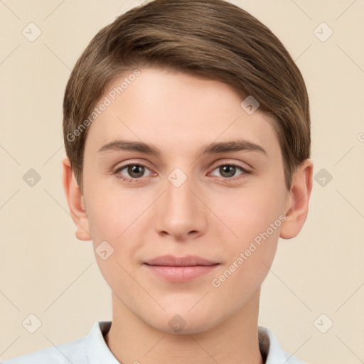 Joyful white young-adult female with short  brown hair and brown eyes